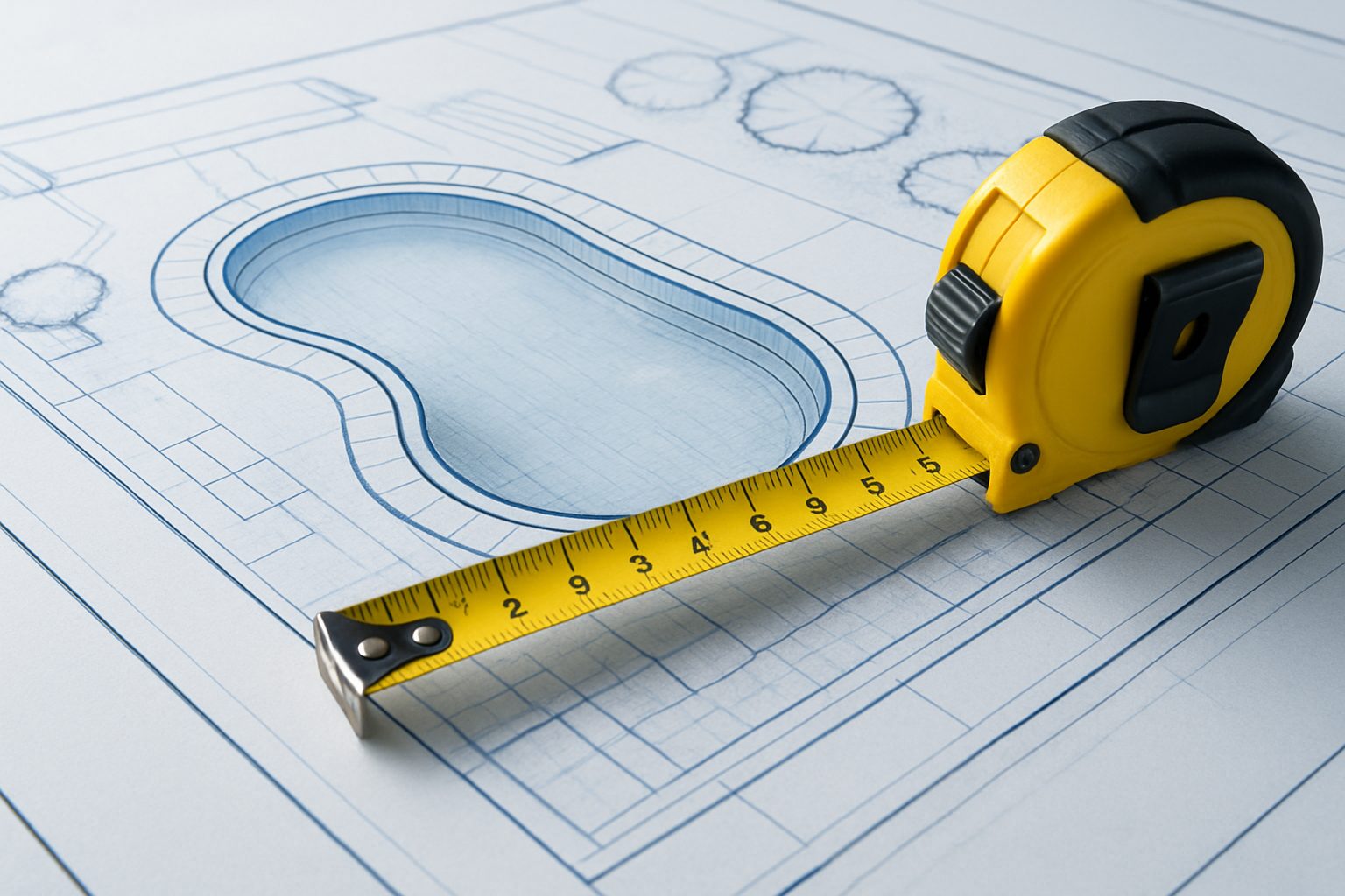close-up of a tape measure on a blueprint of a pool design